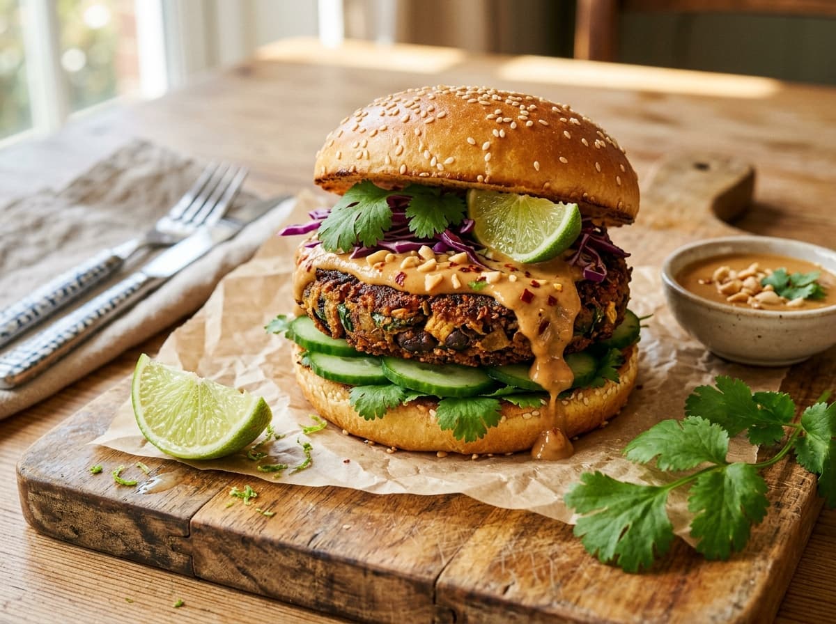 Bangkok Bean Burgers with Peanut Cilantro Sauce