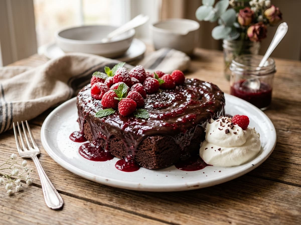 bittersweet chocolate torte with raspberries