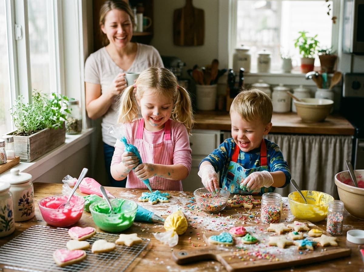 Children decorating cookies with colorful frosting and sprinkles
