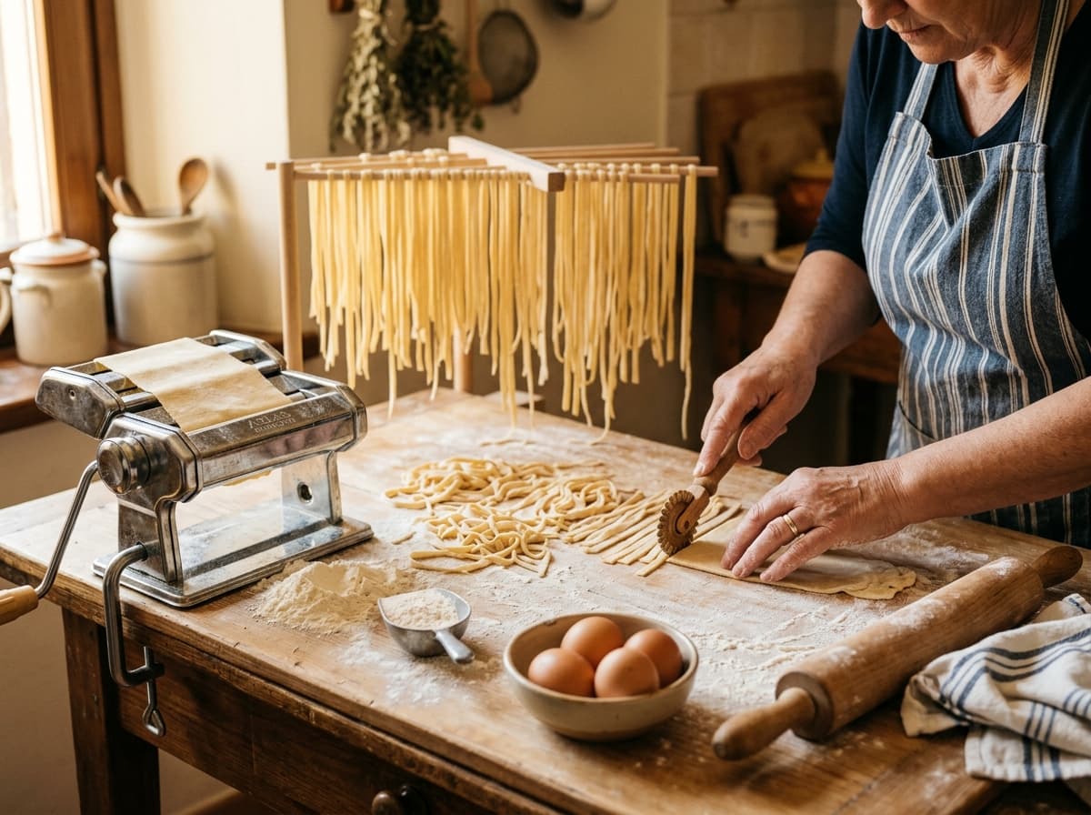 Fresh homemade pasta being cut on a floured wooden board