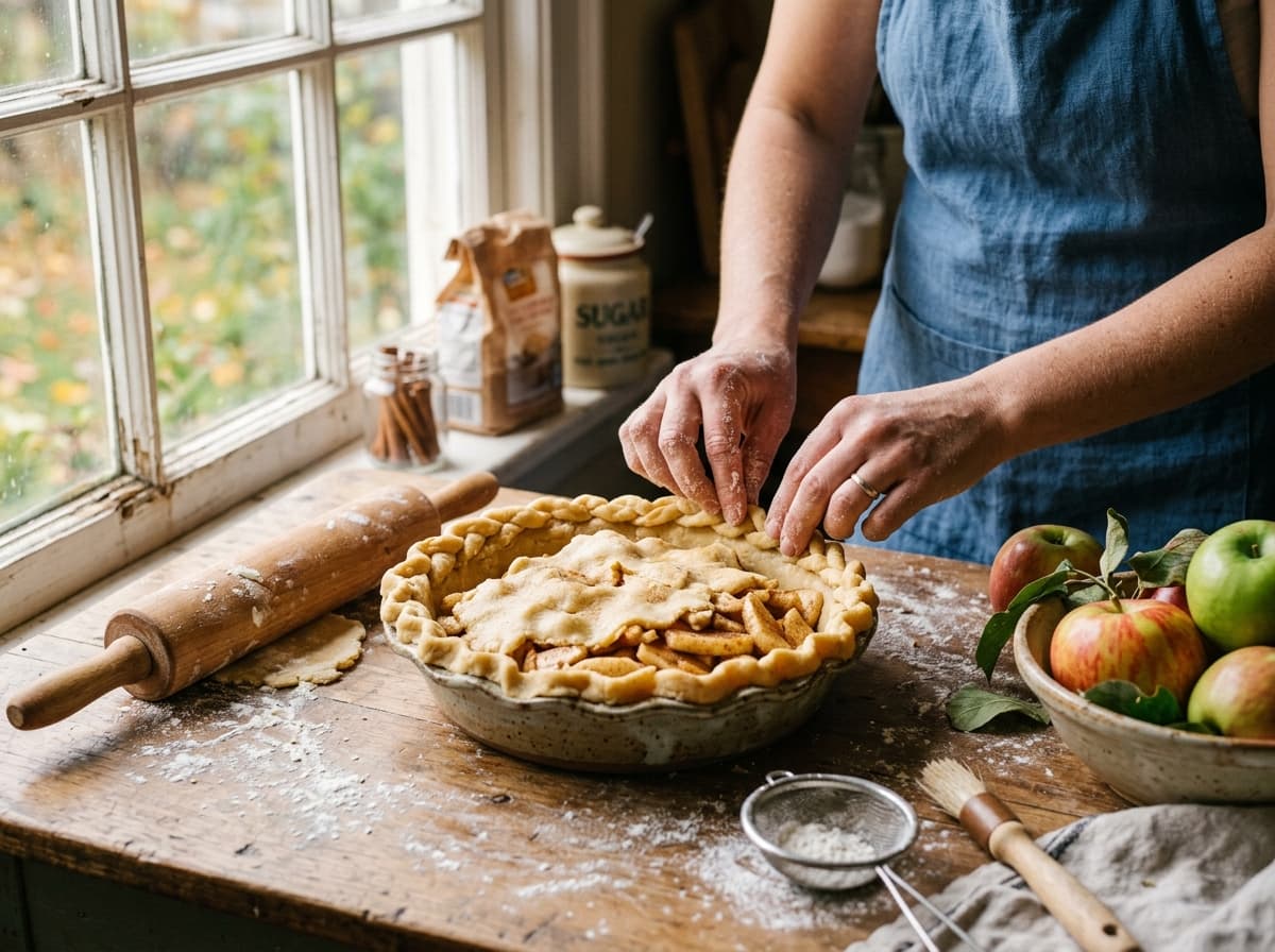Hands crimping the edges of a golden homemade pie crust