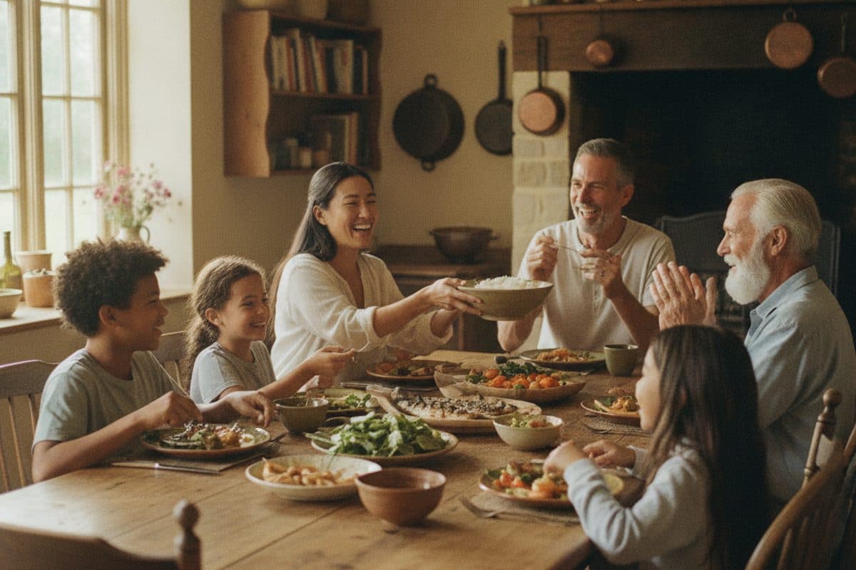 A joyful multi-generational family gathered around a warm kitchen table, cooking and sharing a meal together