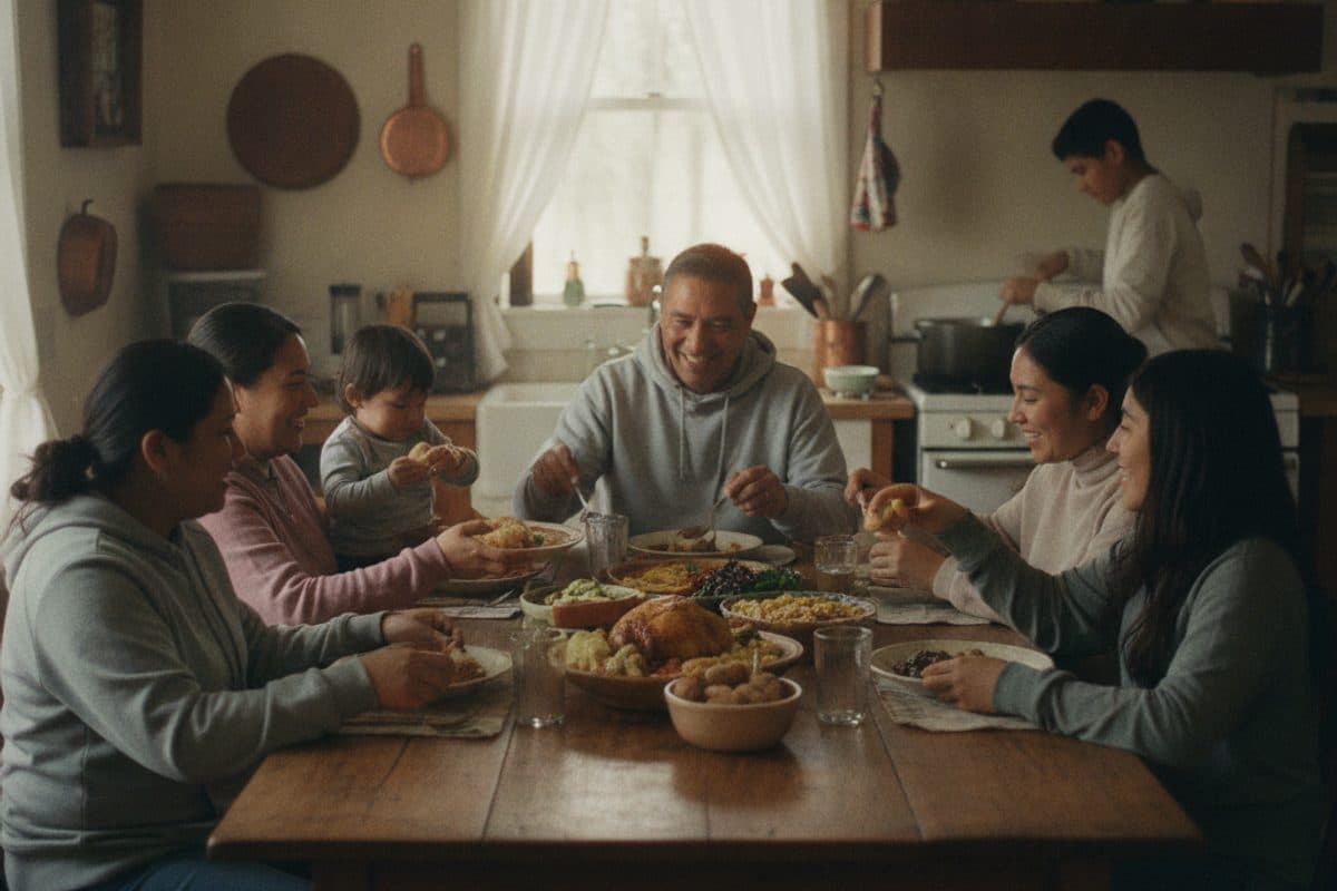 A joyful multi-generational family gathered around a warm kitchen table, cooking and sharing a meal together