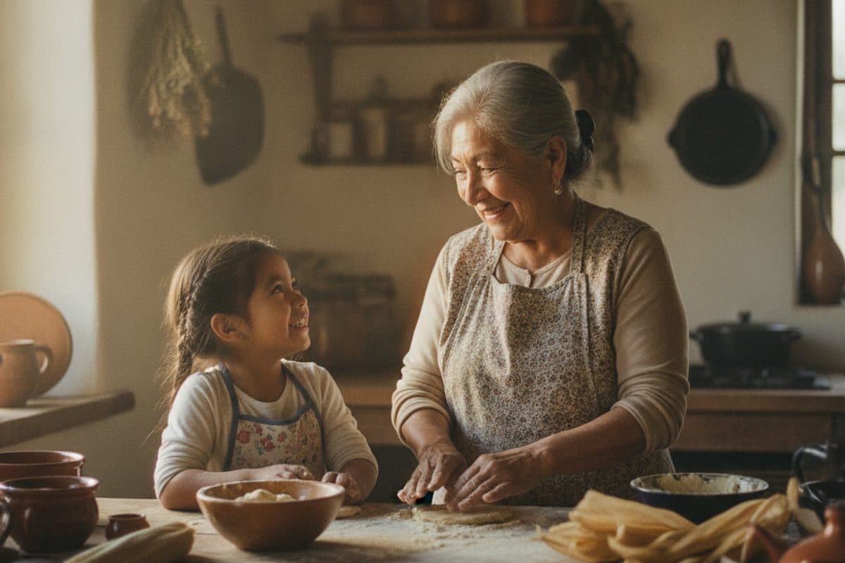 A joyful multi-generational family gathered around a warm kitchen table, cooking and sharing a meal together