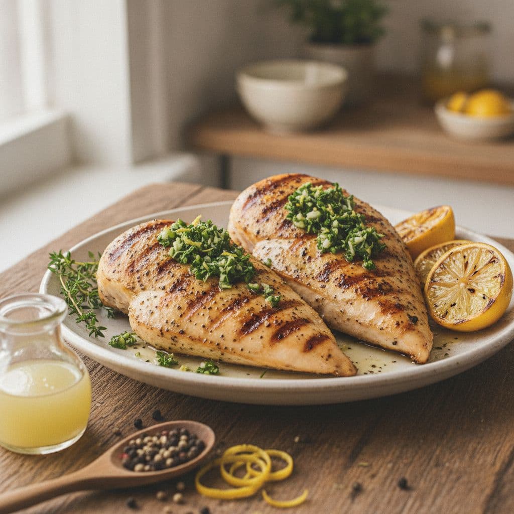Grilled Lemon Pepper Chicken Breasts with Thyme Gremolata